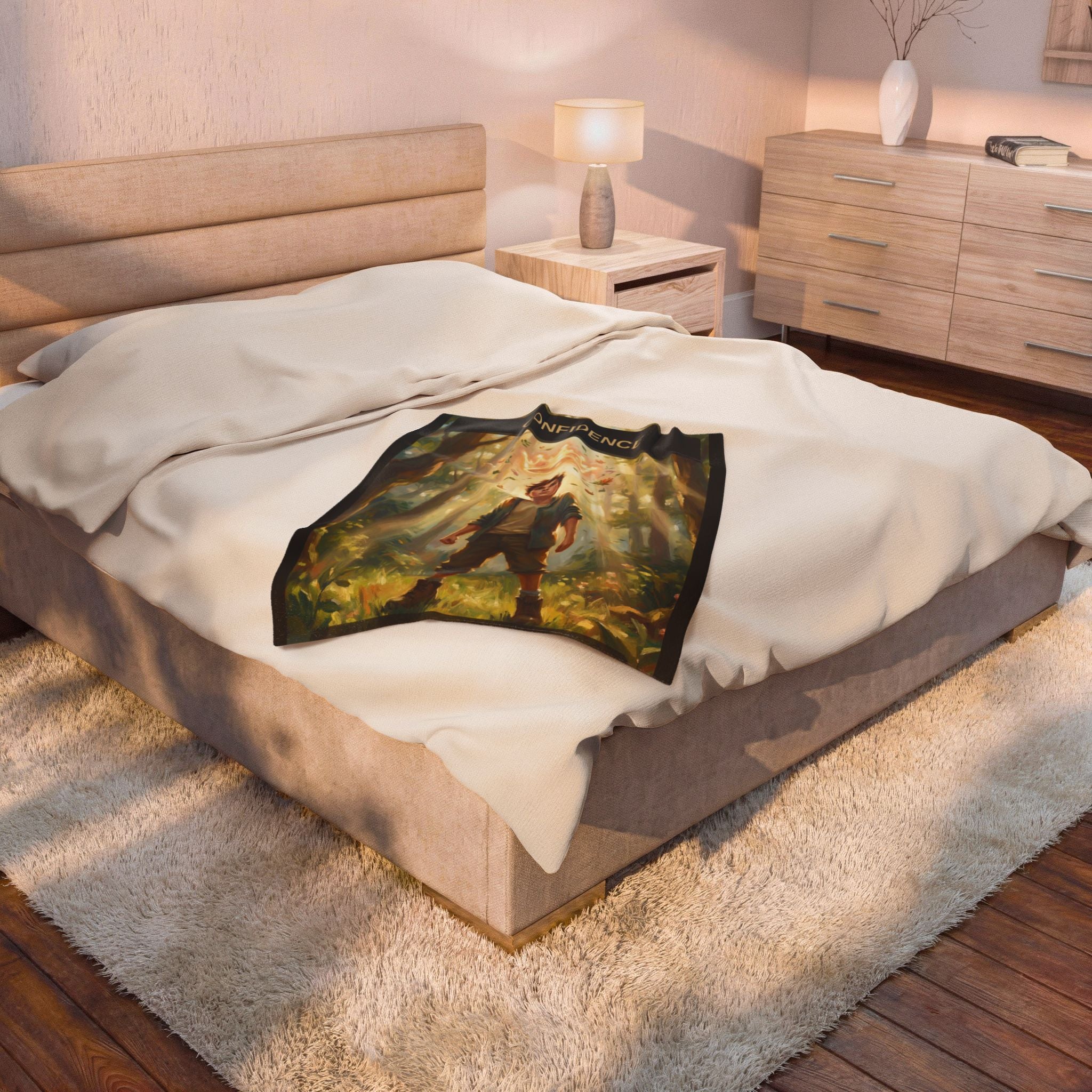 Confidence Velveteen Plush Blanket — 'Confidence' Journey Card Design (Boy in Woods)