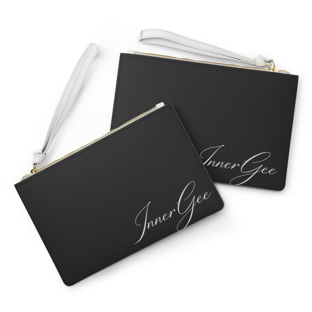 InnerGee Black Wristlet Clutch Bag — Elegant Script Logo Evening Purse
