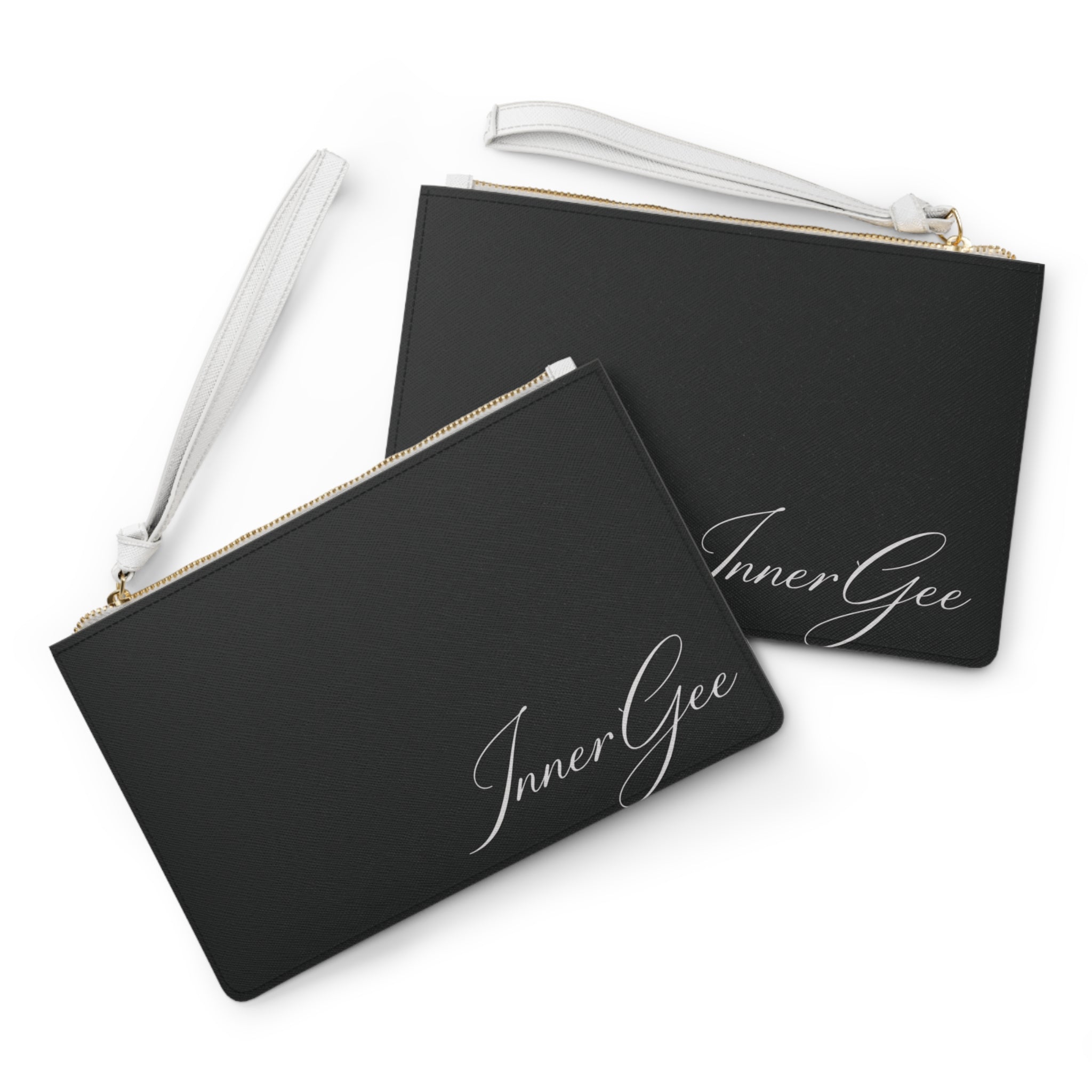 InnerGee Black Wristlet Clutch Bag — Elegant Script Logo Evening Purse