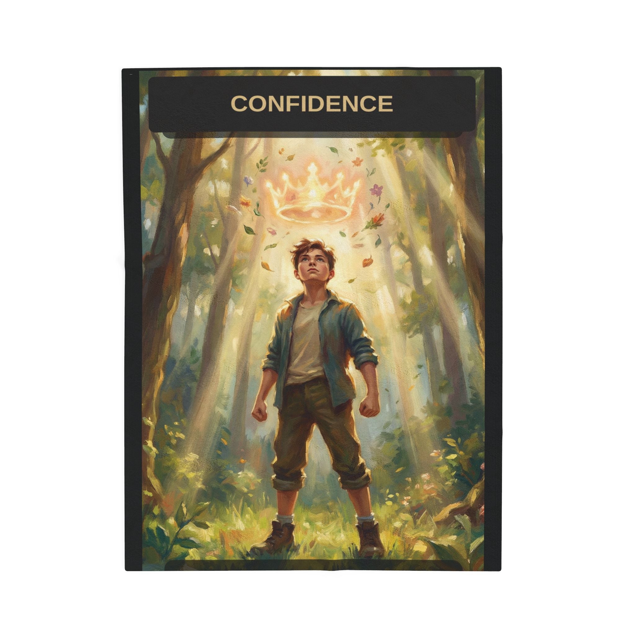 Confidence Velveteen Plush Blanket — 'Confidence' Journey Card Design (Boy in Woods)