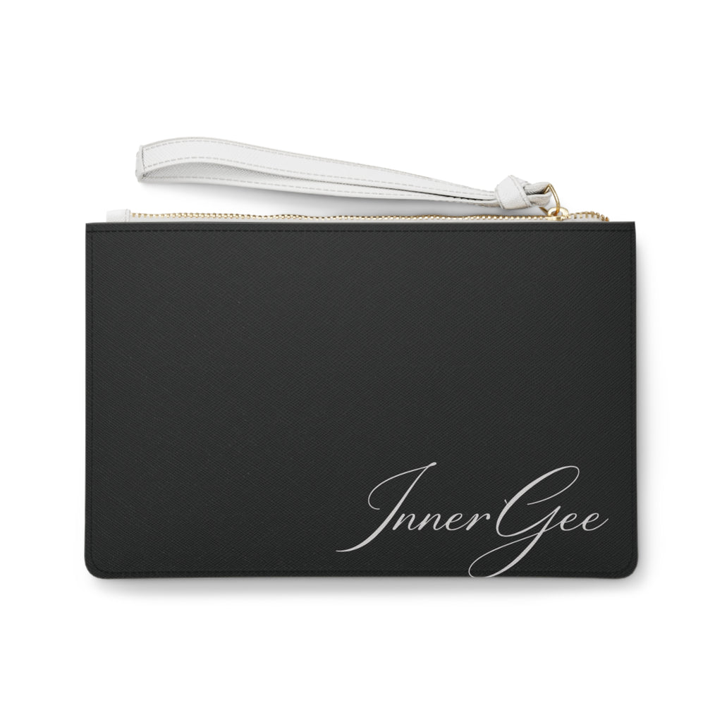 InnerGee Black Wristlet Clutch Bag — Elegant Script Logo Evening Purse