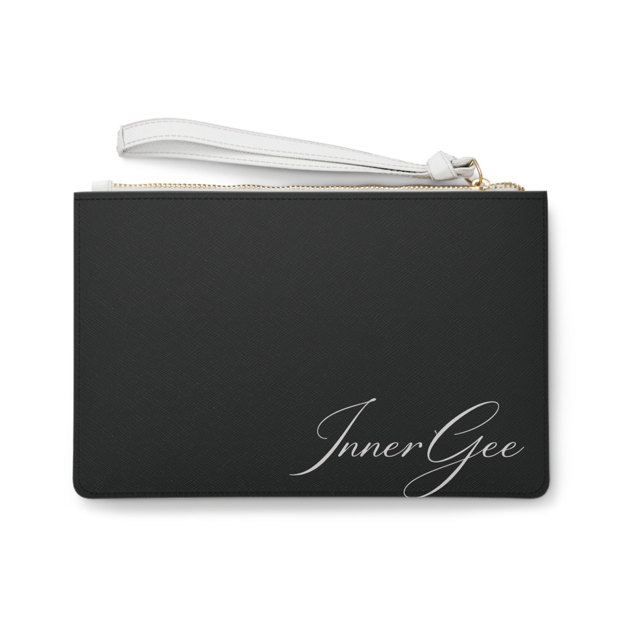 InnerGee Black Wristlet Clutch Bag — Elegant Script Logo Evening Purse