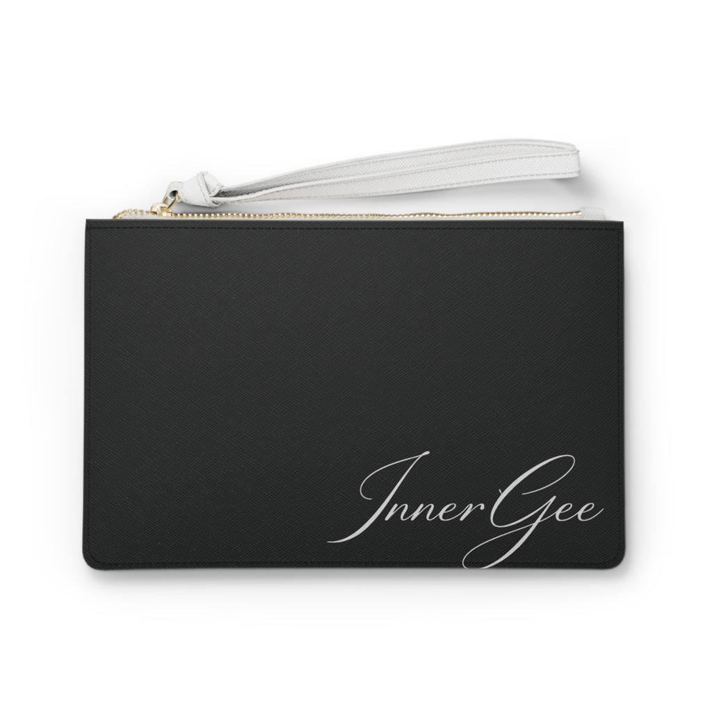 InnerGee Black Wristlet Clutch Bag — Elegant Script Logo Evening Purse