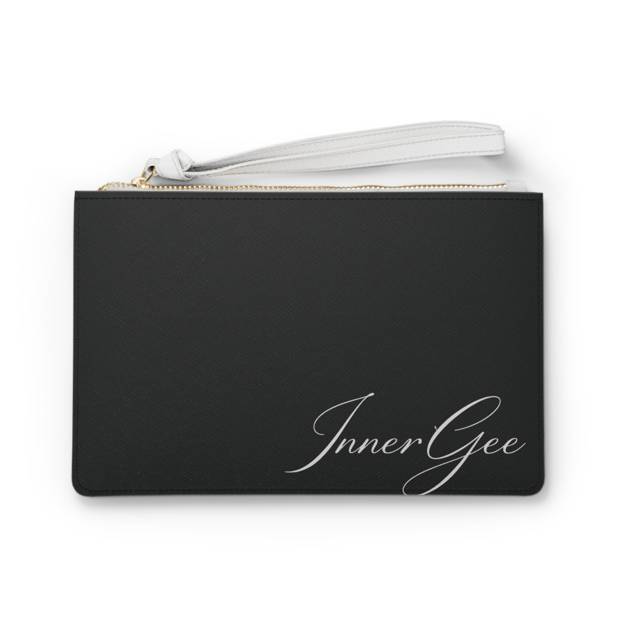 InnerGee Black Wristlet Clutch Bag — Elegant Script Logo Evening Purse