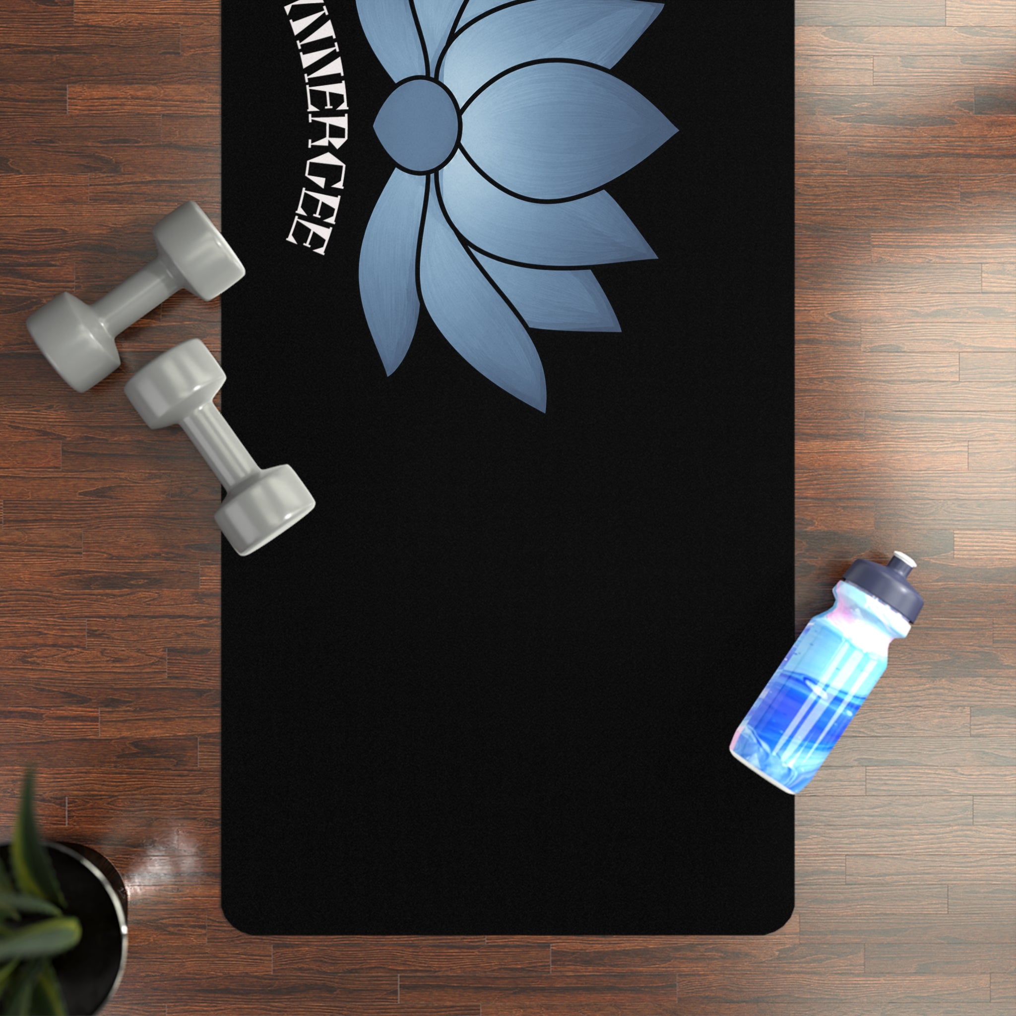 Blue Lotus Rubber Yoga Mat — "Innergee" Curved Text