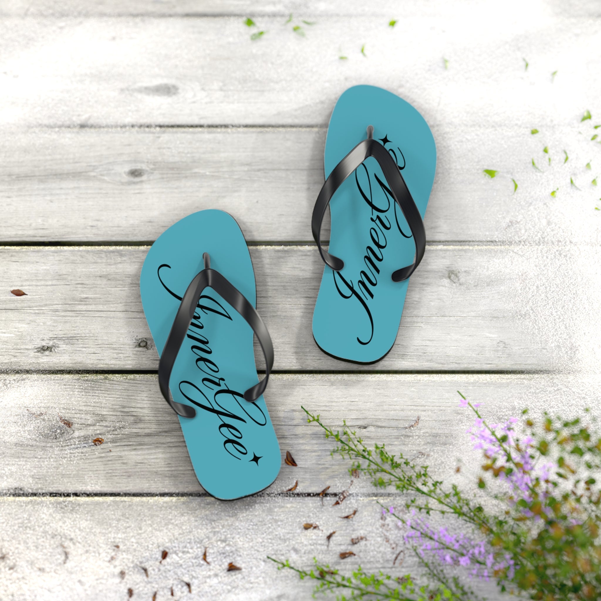 Innergee Turquoise Script Flip Flops –  Beach Sandals