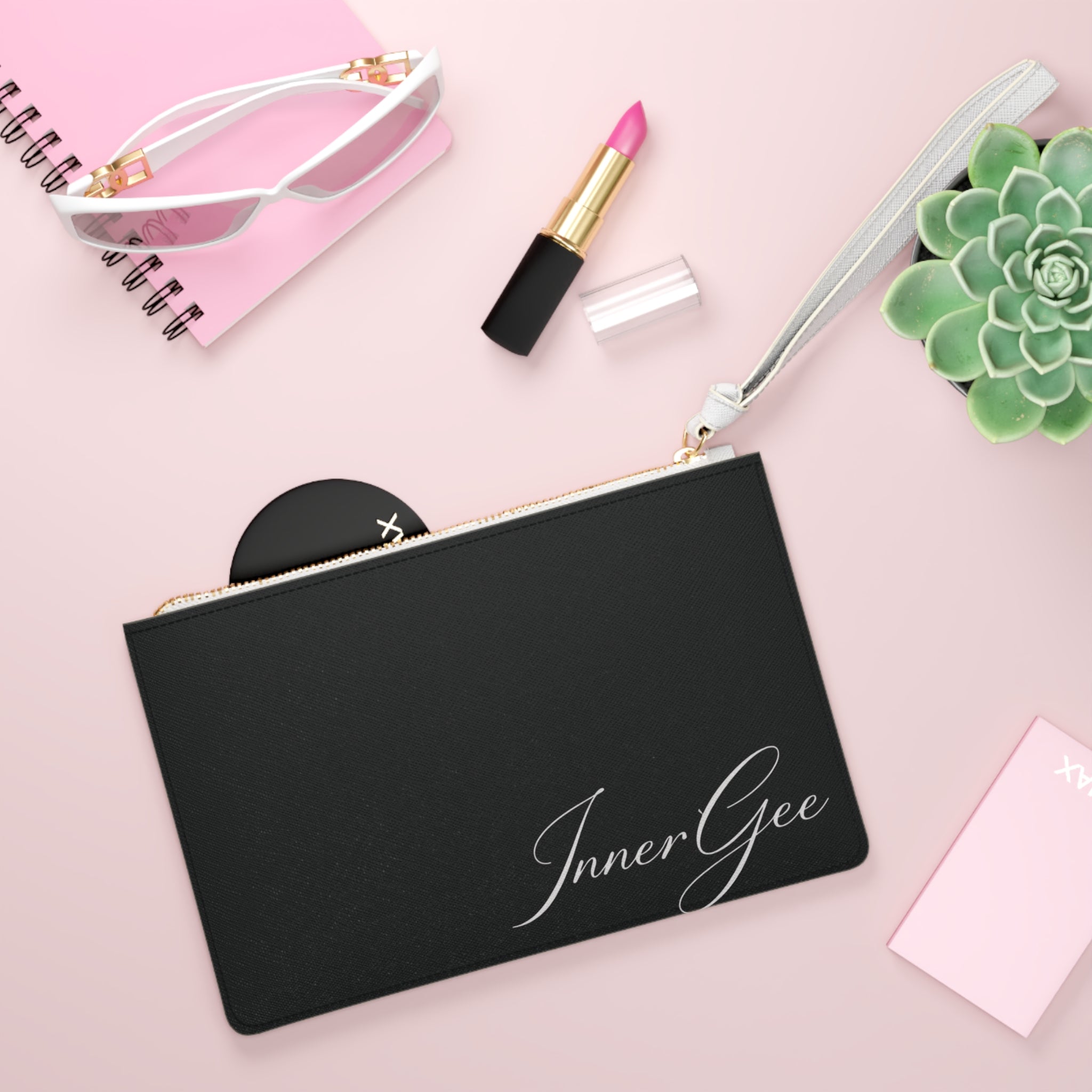InnerGee Black Wristlet Clutch Bag — Elegant Script Logo Evening Purse